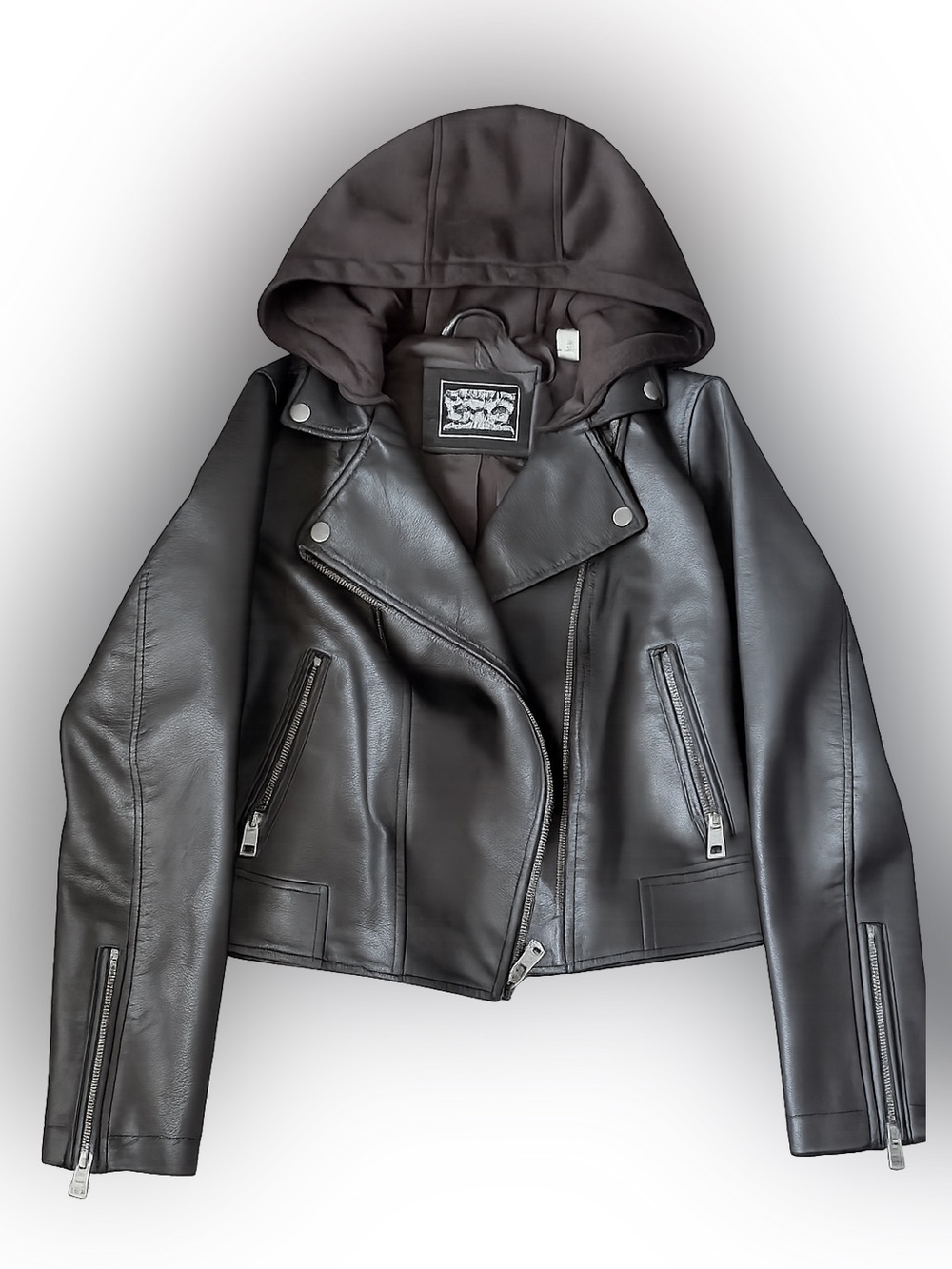 Levi’s Black Faux Leather Moto Jacket with Knit Hood XS